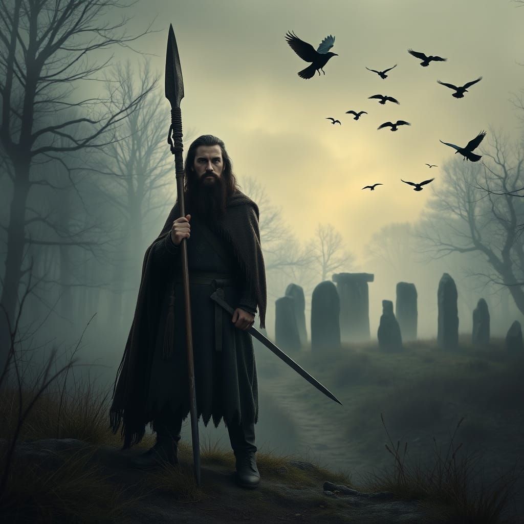 Celtic Warrior in Twilight Woodland, Dreamlike Style
