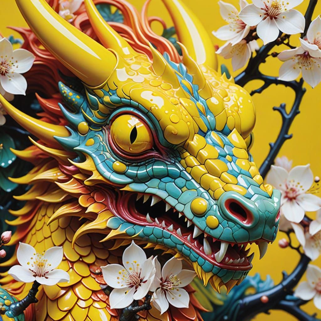 Vibrant Miniature Dragon in Macro Close-Up with Cherry Bloss...