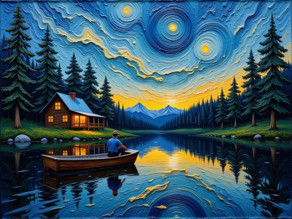 Serene Sunset Fishing Scene in Van Gogh Style