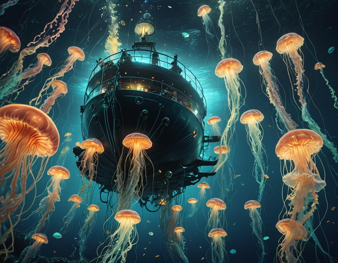 Neptunian vessel sailing through surrounded by glowing jelly...