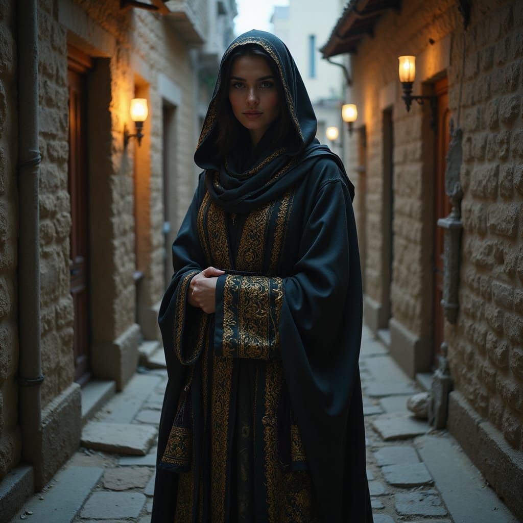 Mysterious Arabian Female Rogue in Dark Embroidered Cloak