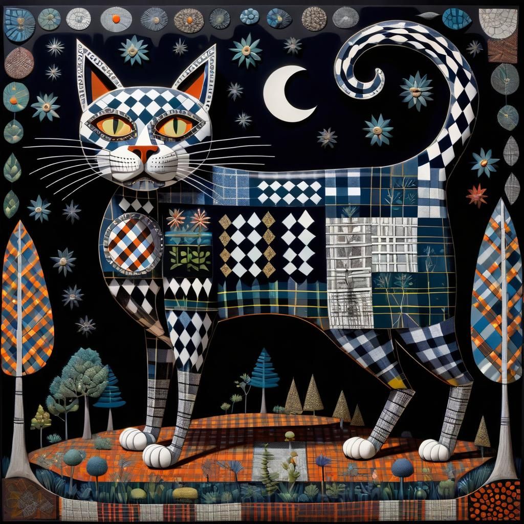 Whimsical Plaid Cat in Park: Naive Art Style