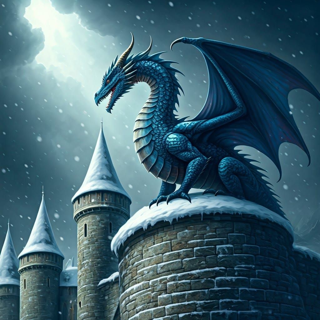 Majestic Deep Blue Dragon Surveys Snowy Castle Realm