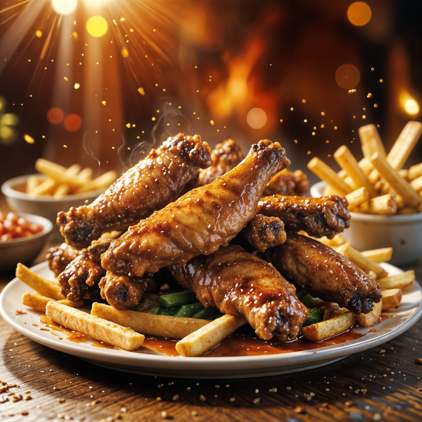 Hyperrealistic Spicy Chicken Wings and Fries