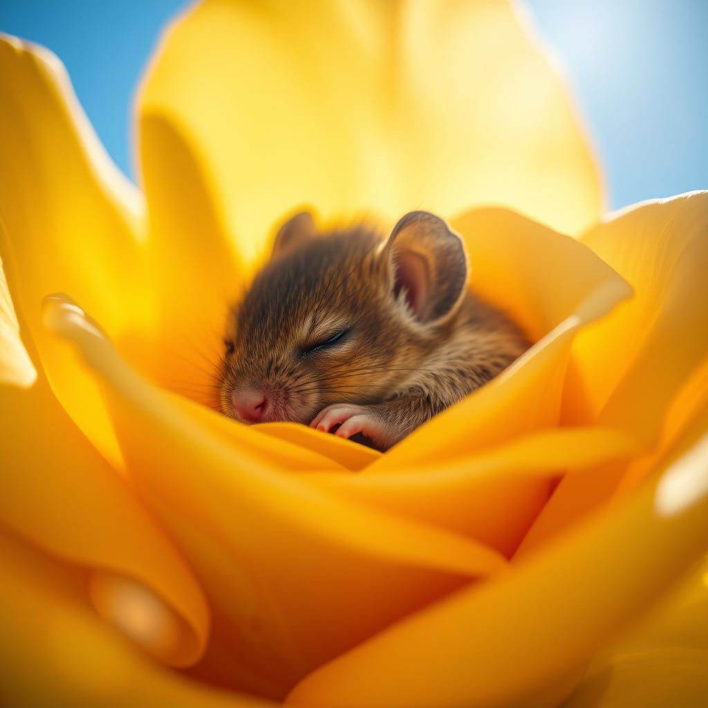 Delicate Dormouse Portrait in Vibrant Yellow Rose
