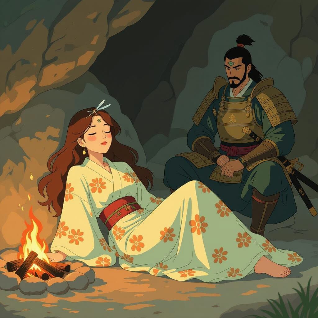 Woman Sleeping in Cave Watched Over by Samurai