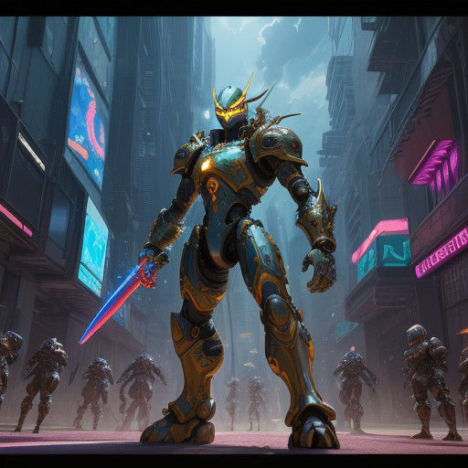 Cyberpunk Digimon Paladin Surrounded by Loyal Soldiers in a....