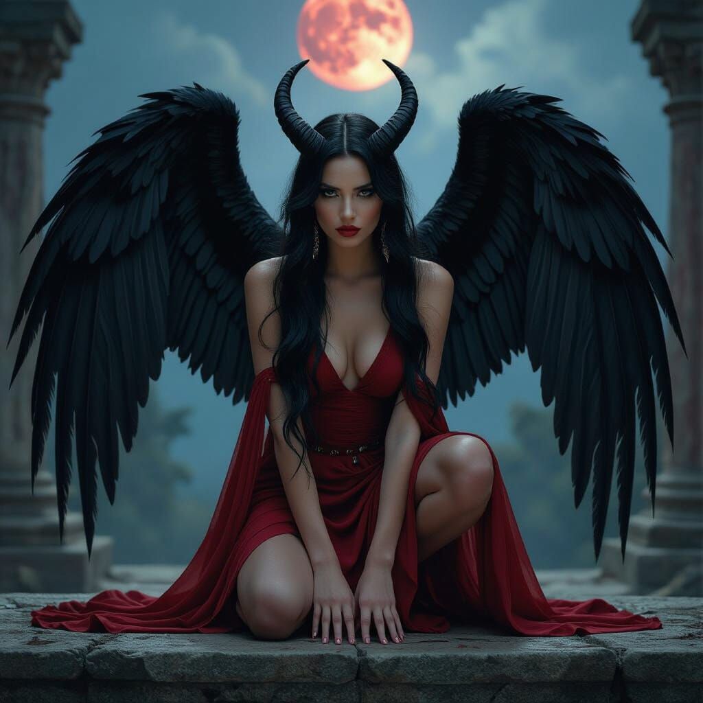 Goddess with Black Wings on Altar Amidst Stormy Sky