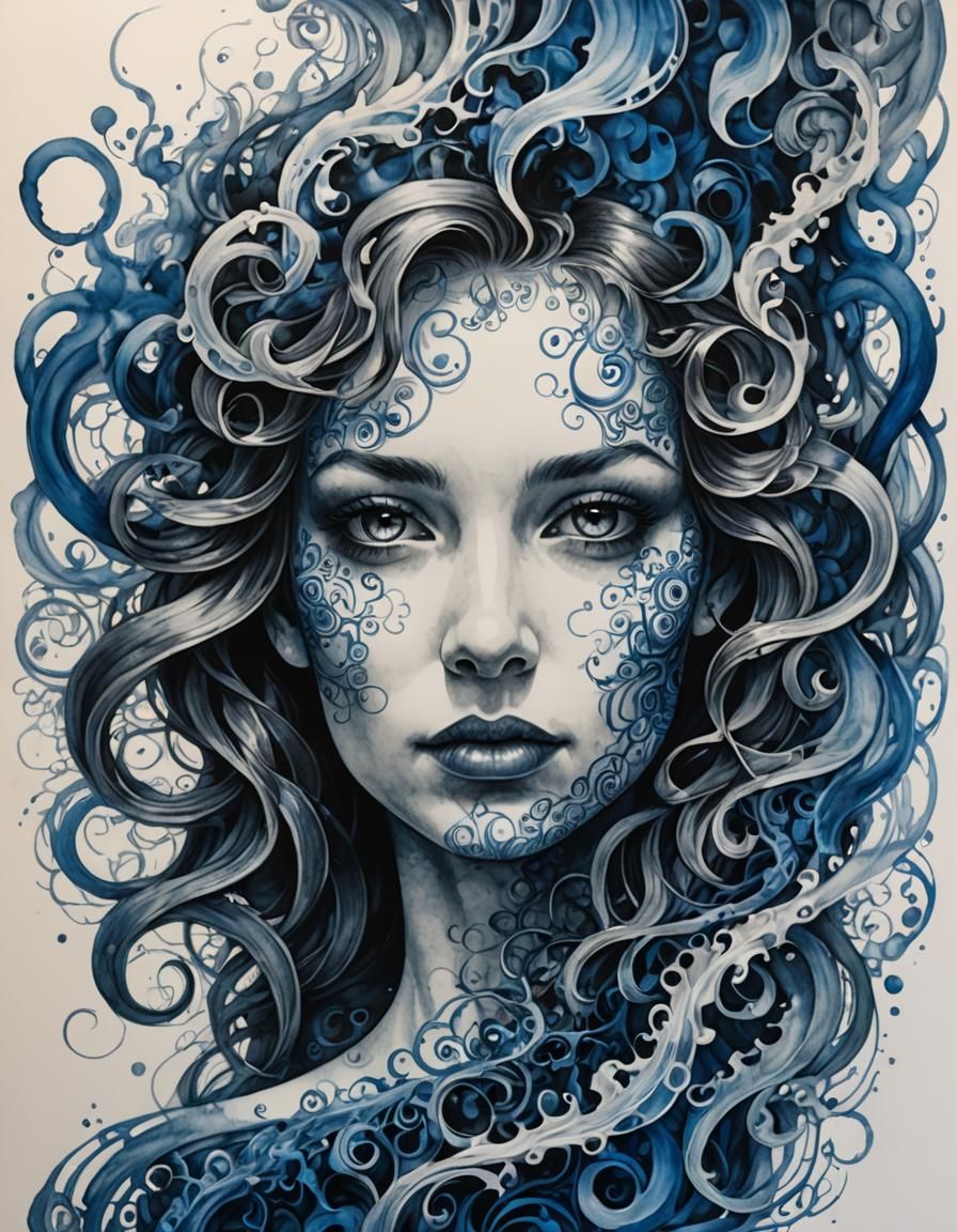 Monochromatic Blue Ink Drawing of Smoke Woman