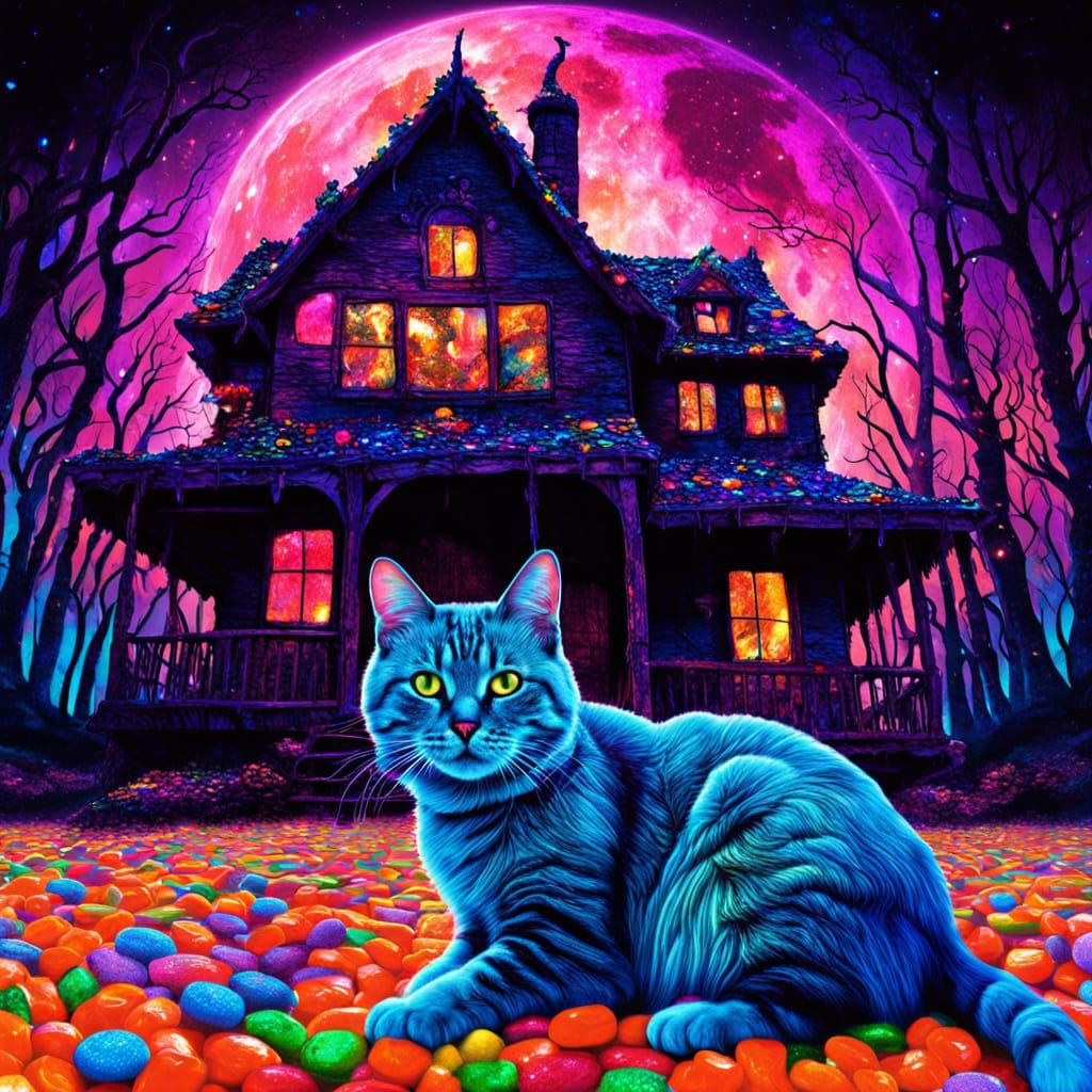 Cosmic Cat in a Vibrant Candy Witch House