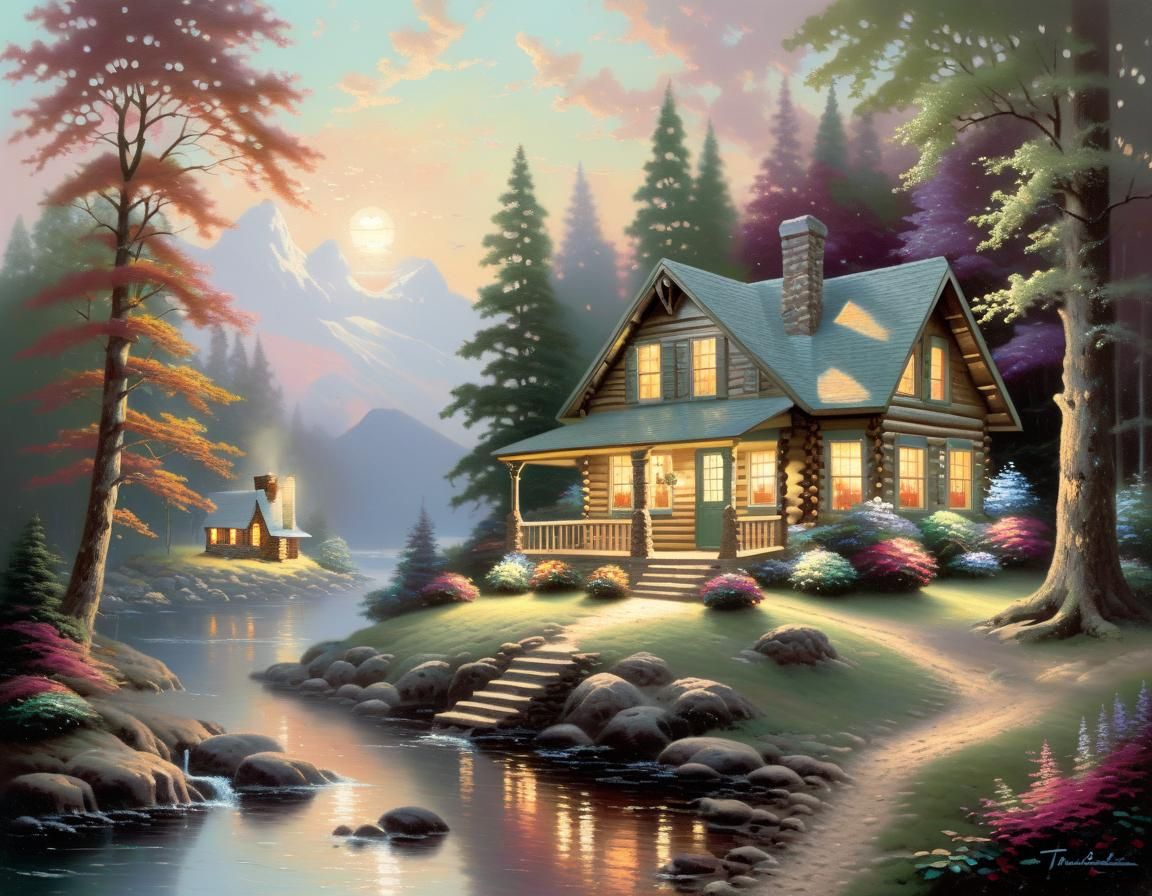 Cabin in Woods: Kinkade-Inspired Luminous Landscape