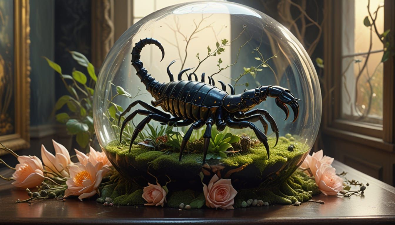 Black Scorpion in Ornate Terrarium: Surreal Oil Painting