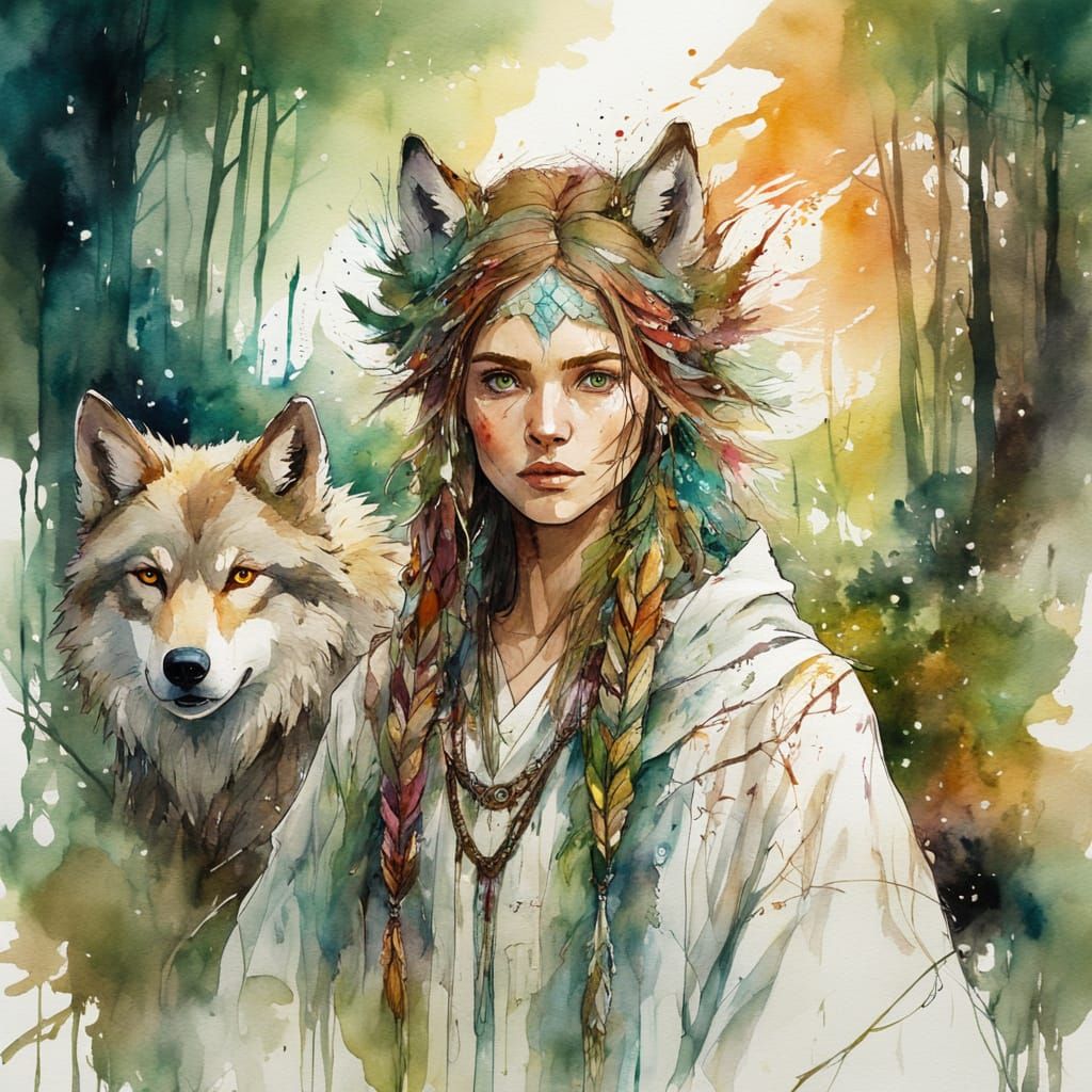 Powerful Druid in Lush Forest, Watercolor Painting
