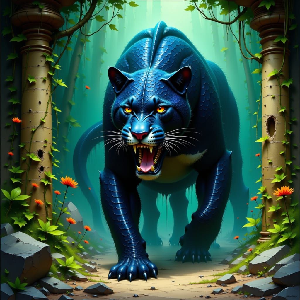 Fierce Jaguar-Snake Hybrid in Aztec Jungle