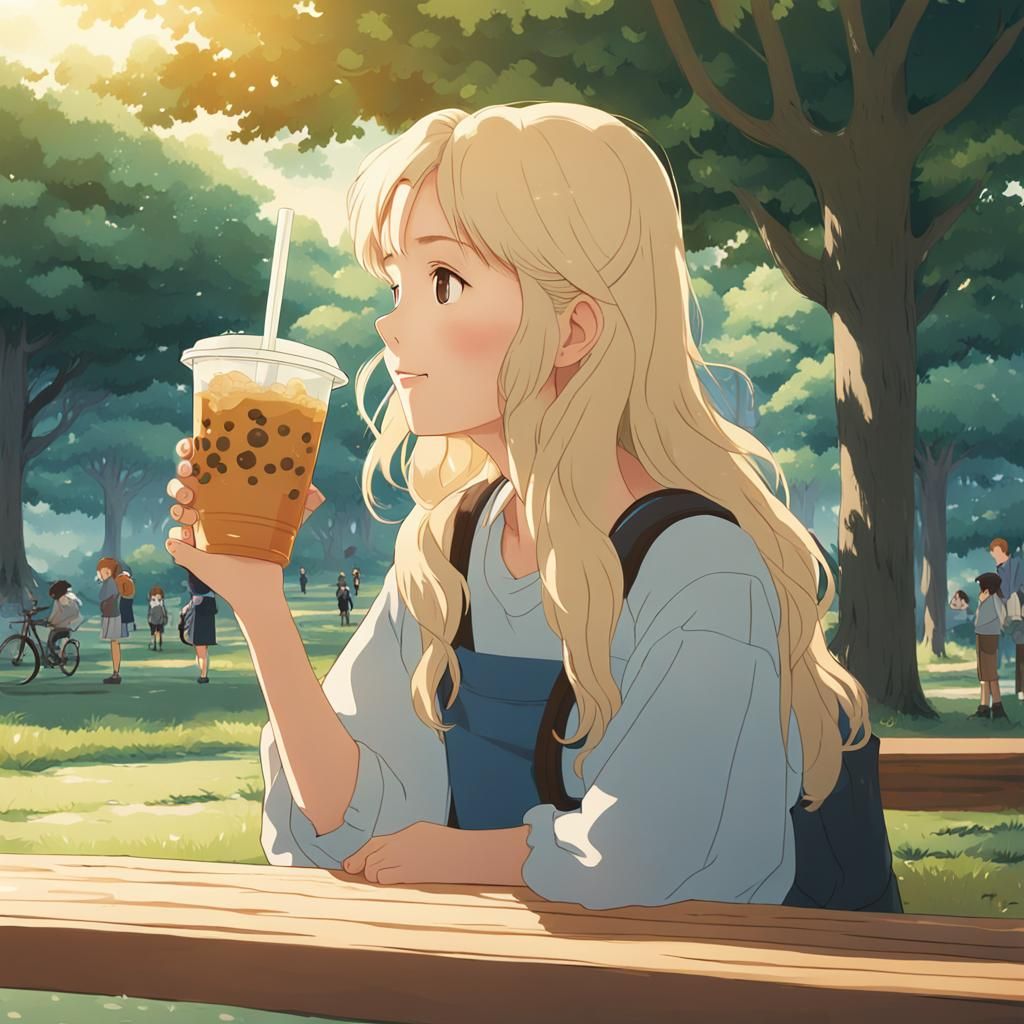 Blonde Woman Drinking Boba Tea, Studio Ghibli Style