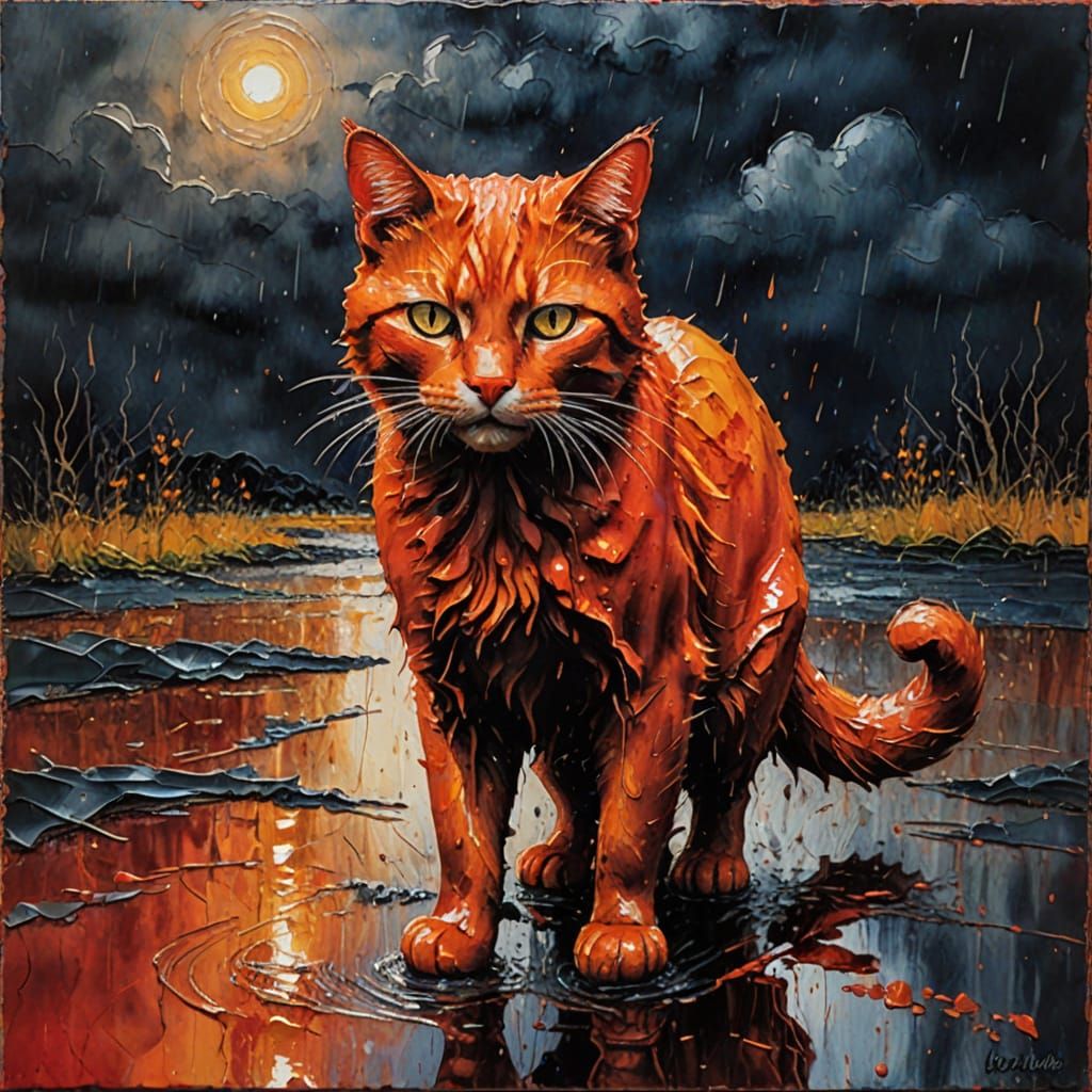 Encaustic Painting of Red Cat in Rainy Landscape