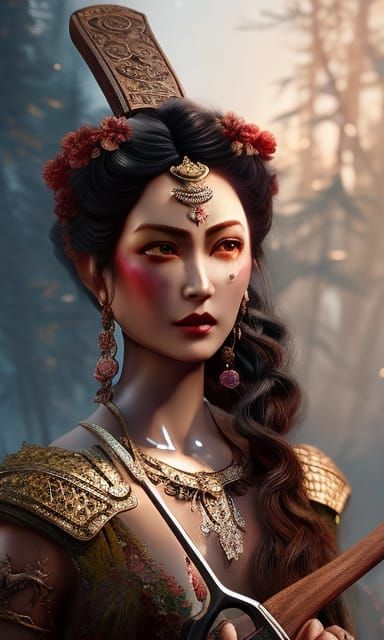 Brunette Goddess with Axe: Hyperdetailed Vintage Portrait