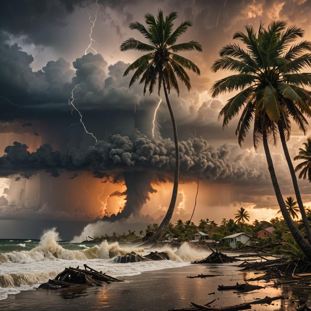 Tornado Devastates Tropical Island at Sunset: Weather Photog...