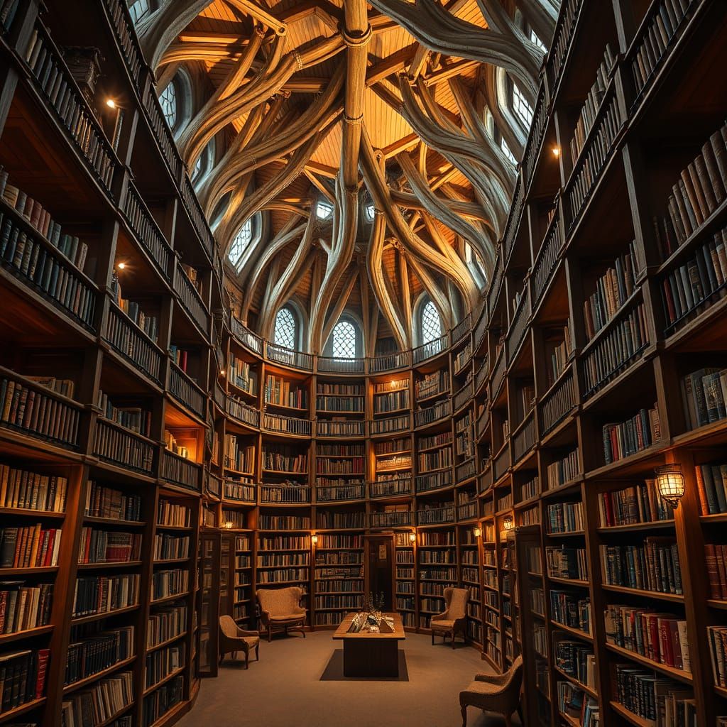 Majestic Library inside Ancient Redwood Tree, Warm Glow