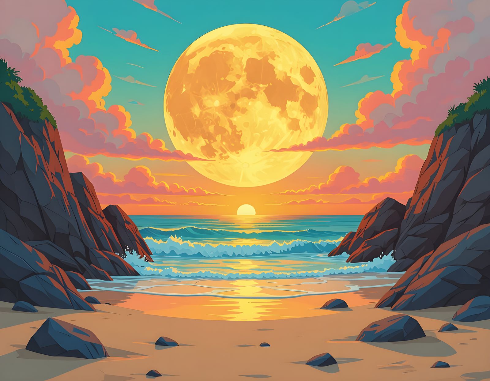 Colorful Sunset Beach with Stone Arch and Moon