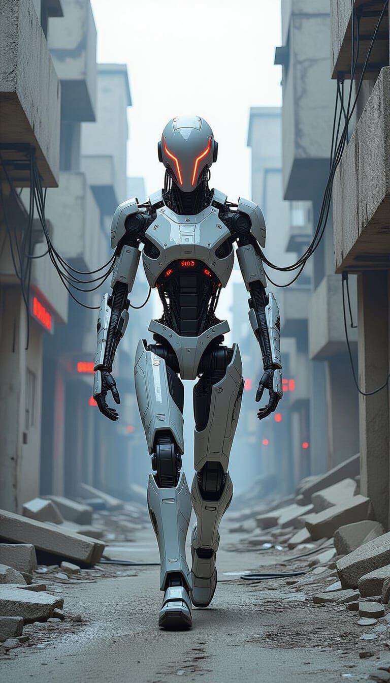 Cybernetic Being in Post-Apocalyptic Cityscape