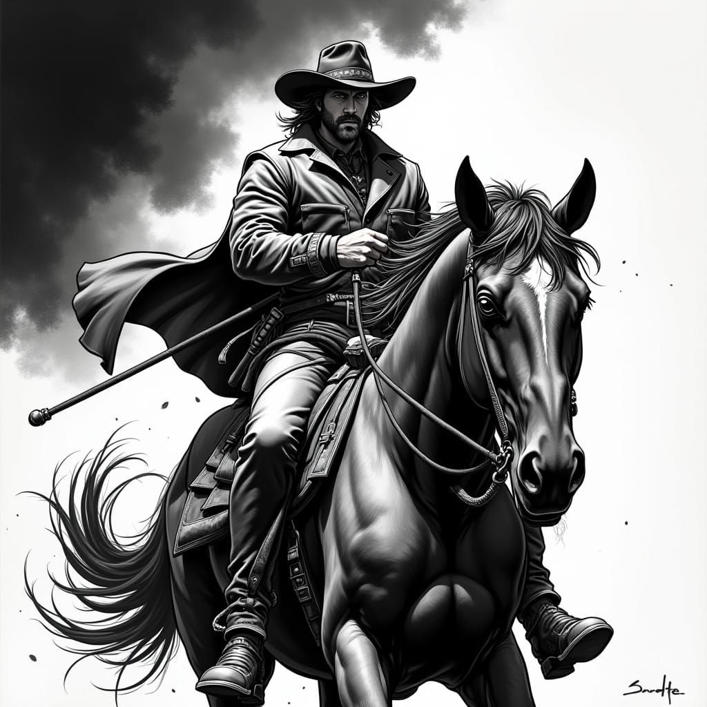 Gritty Noir Hero Rides Majestic Horse in Black and White Com...