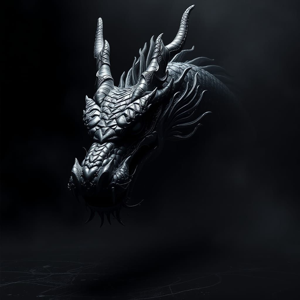 Hyperrealistic Black Dragon Head in Fog