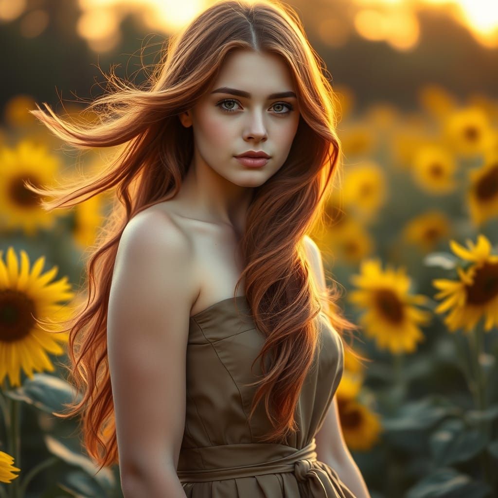 Auburn Beauty in Sunflower Field: Digital Portrait