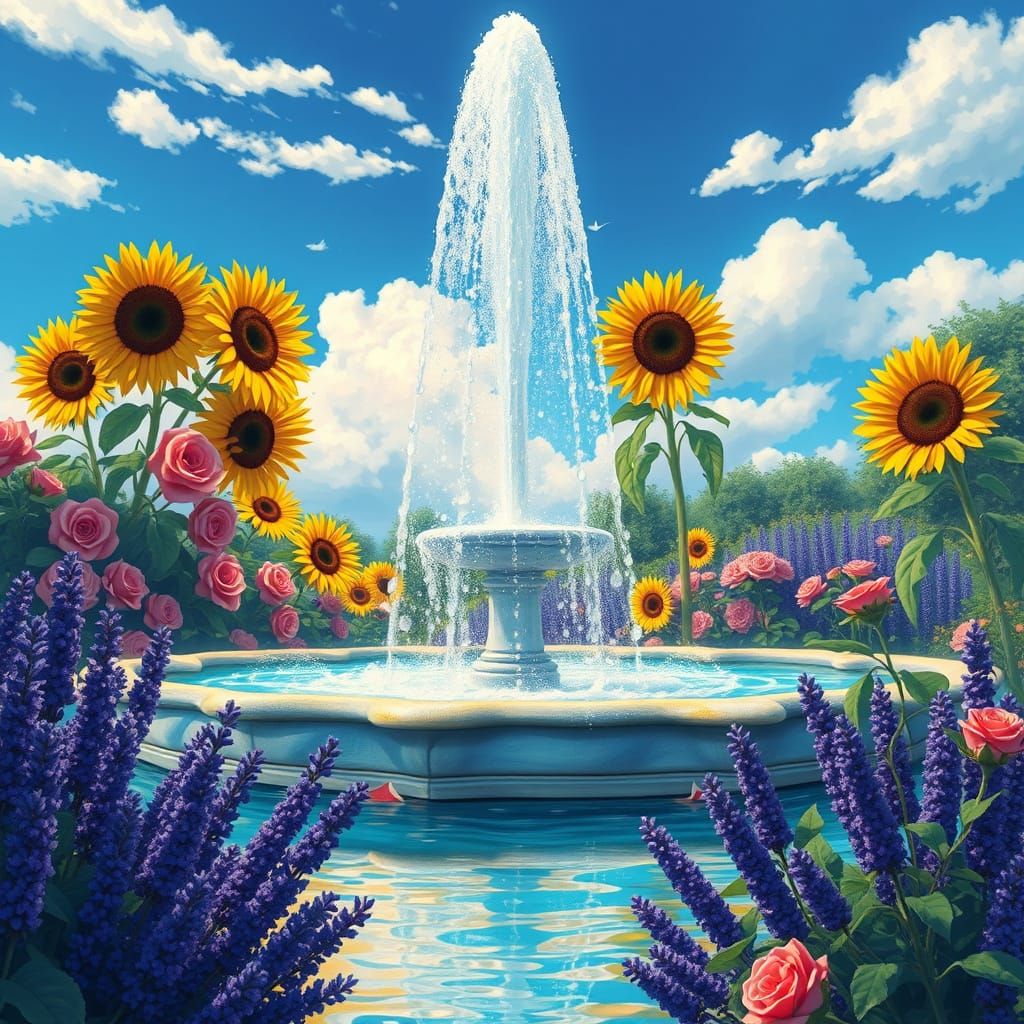 Vibrant Garden Fountain in Impressionistic Style