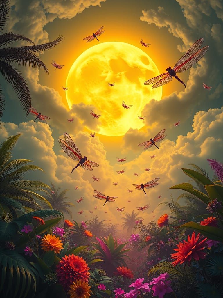 Dragonflies Dance Under a Radiant Moon in Surreal Style
