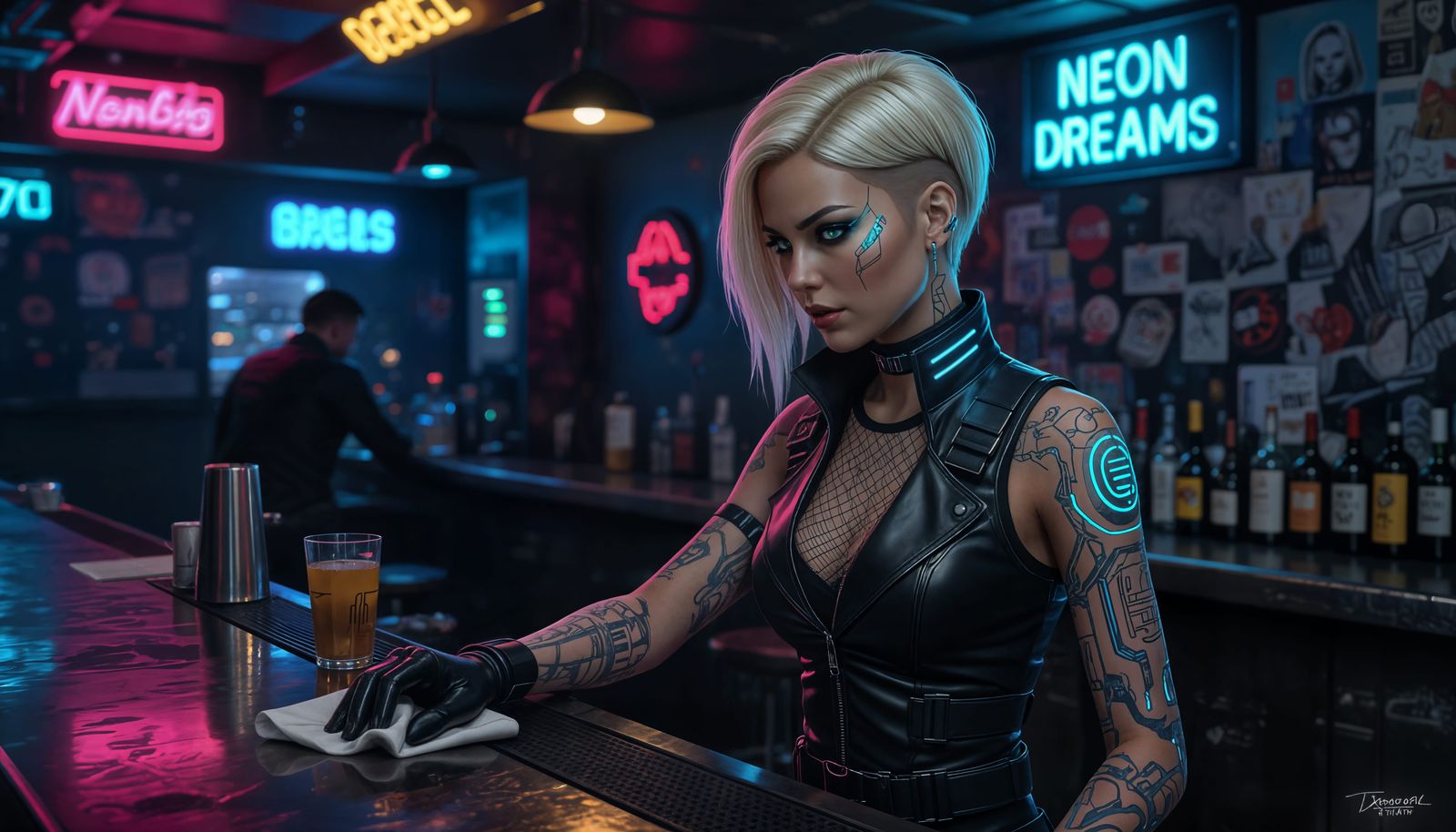 Cyberpunk Bartender with Neon Sign in Dive Bar