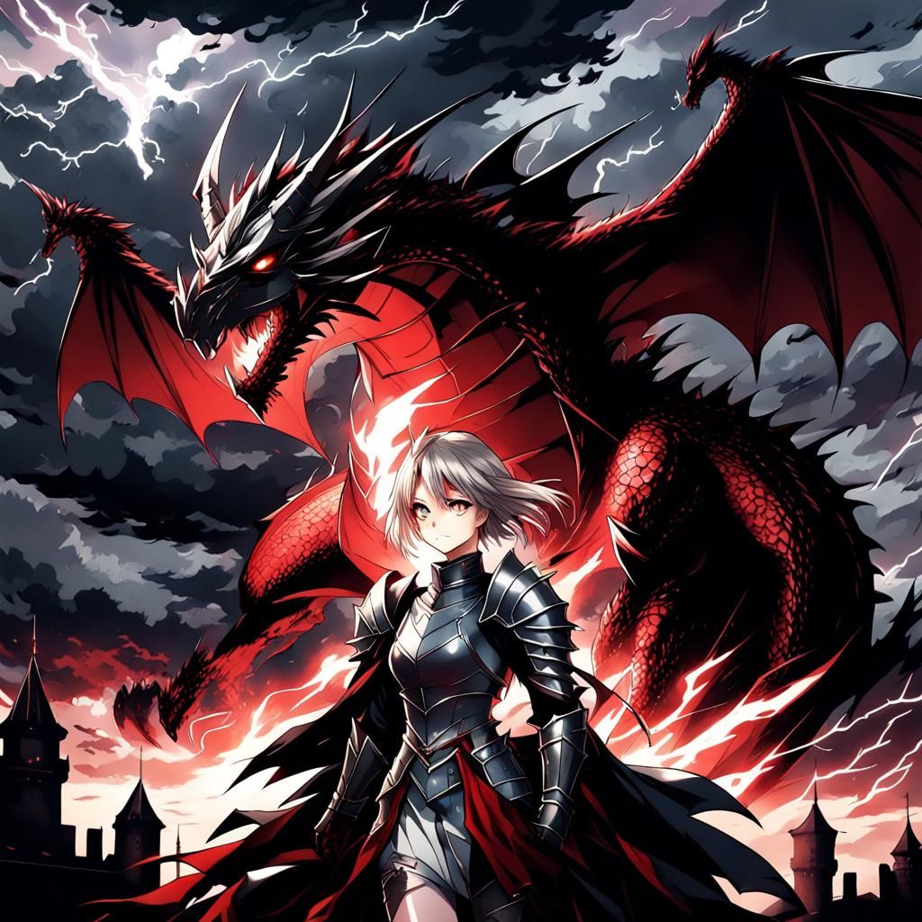 Anime Knight and Dragon in Stormy Landscape