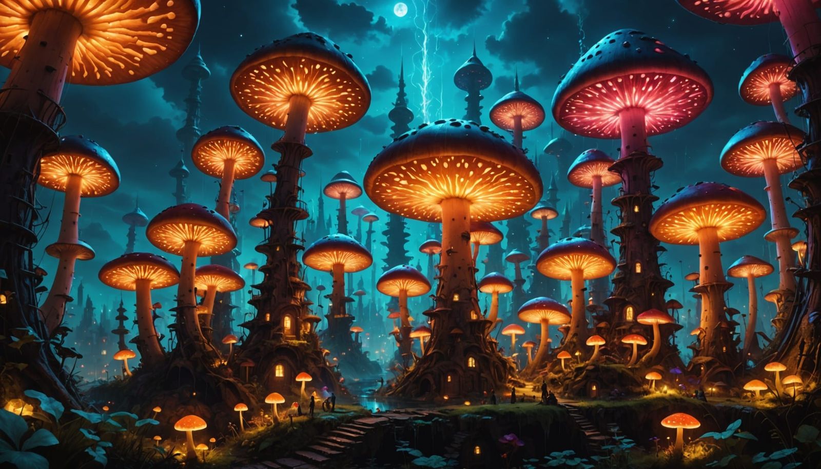 Vibrant Mushroom Metropolis at Dusk