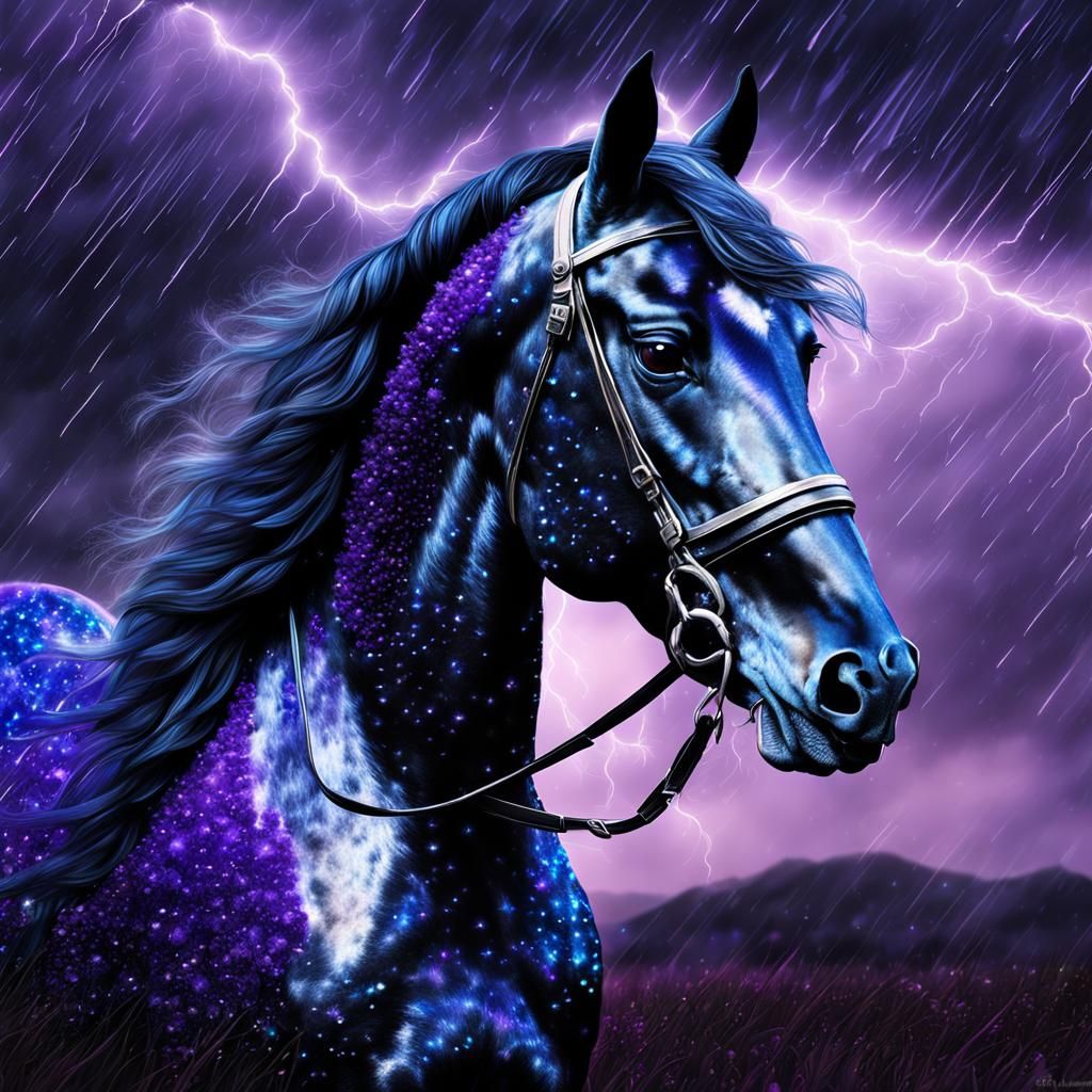Diamond Friesian Stallion Portrait in Stormy Astral Style