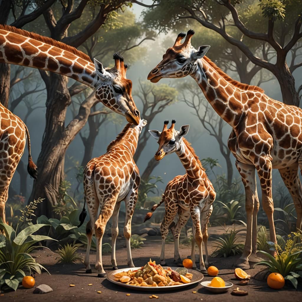 Giraffe Family Meal: Detailed Fantasy Concept Art