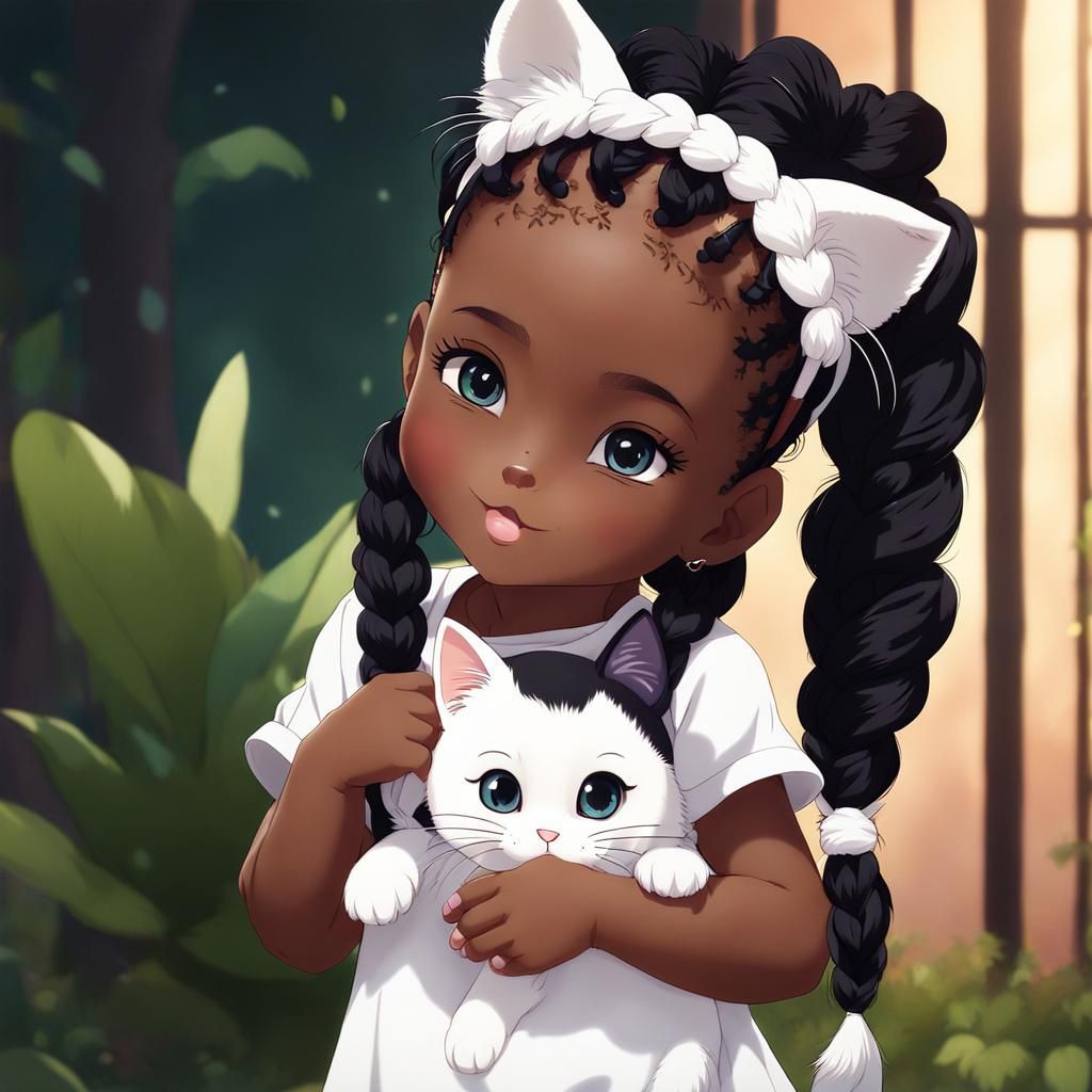 Anime Girl with Cat and Braids