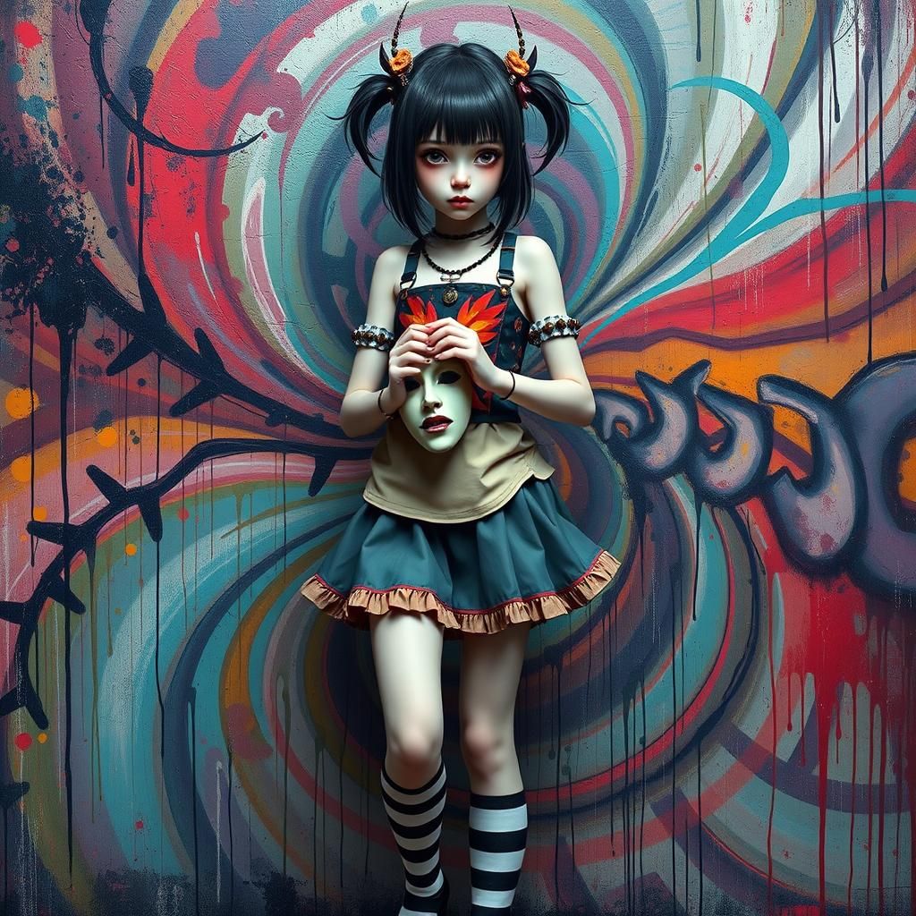 Fantasy Girl with Mask in Street Art Style