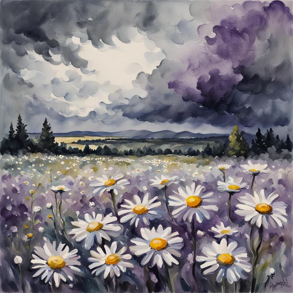 Woman in Daisy Field Under Stormy Sky, Gouache Watercolor