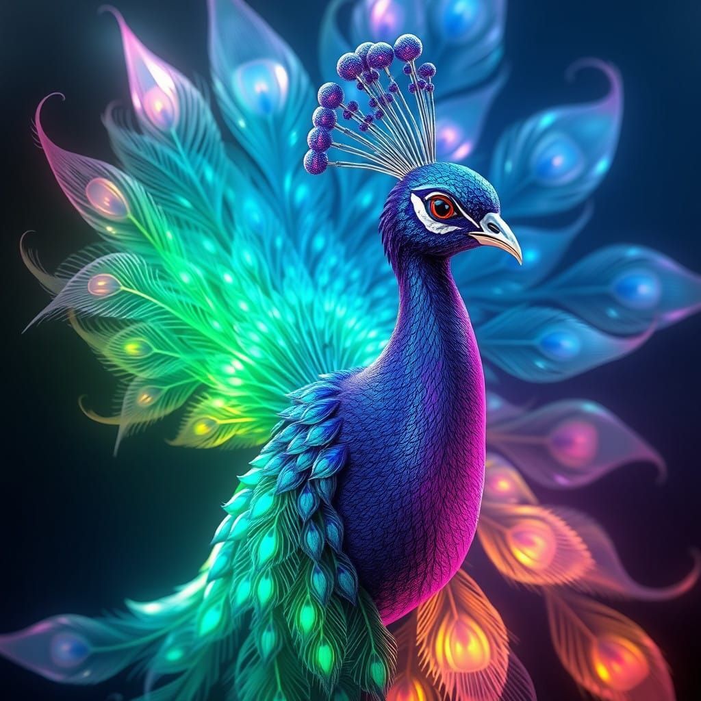 Luminous Peacock in Vibrant, Iridescent 3D Anime Style