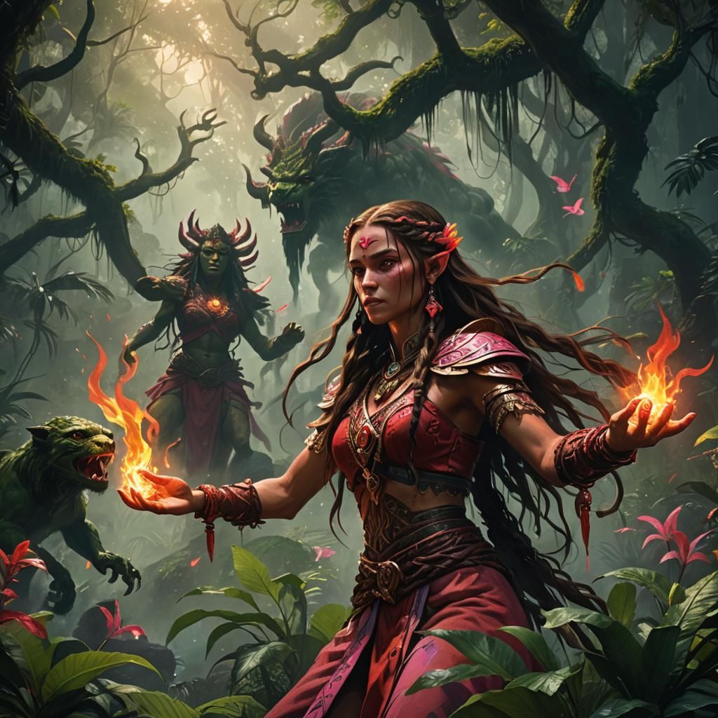 Fire Elf Cleric Summons Flames in Rainforest