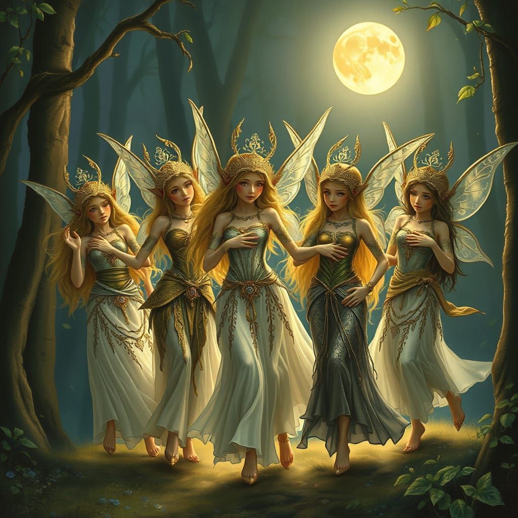 Elfin Folk Dancing in Moonlight, Whimsical Fantasy Art