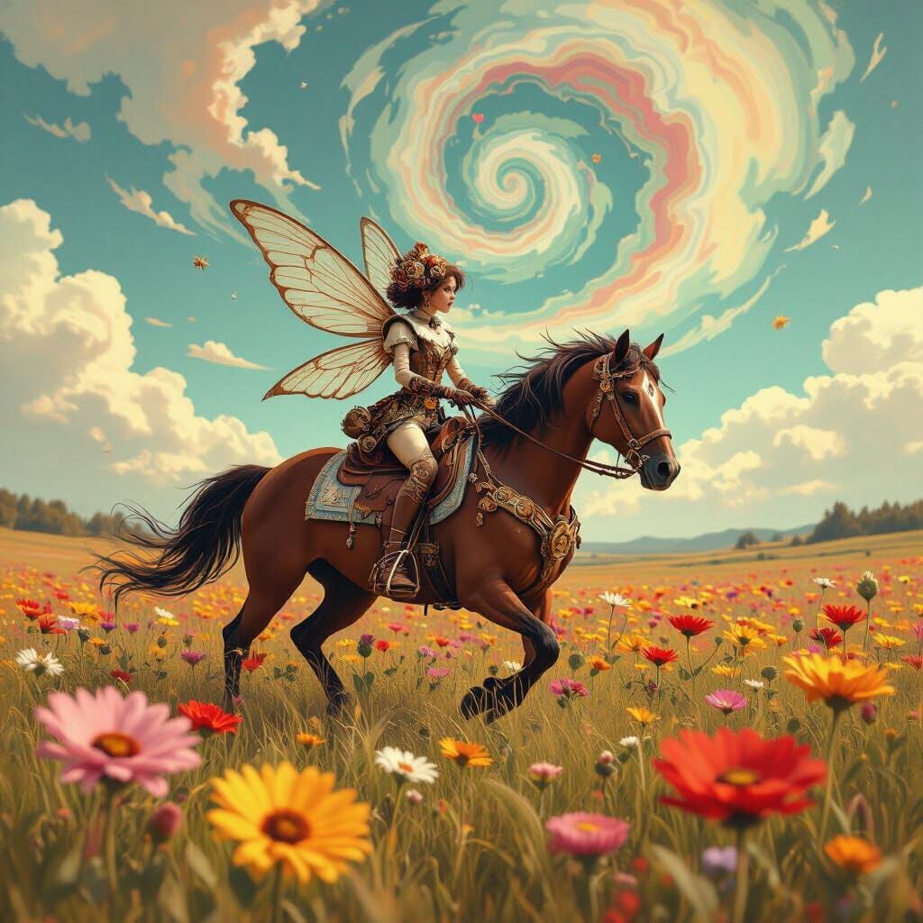 Steampunk Fairy Rides a Mustang in Psychedelic Landscape