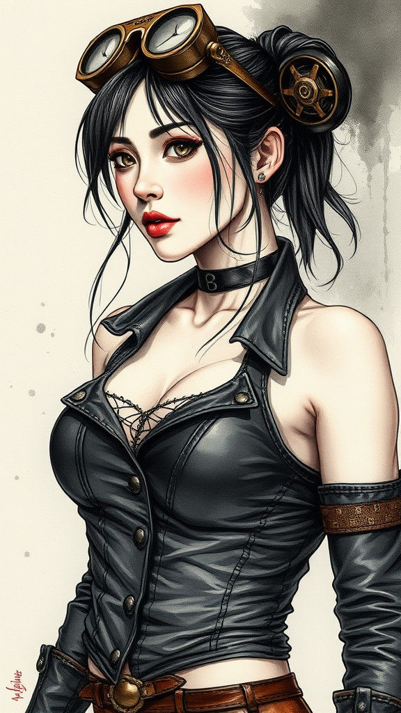 Steampunk Vietnamese Woman in Ink Art Style