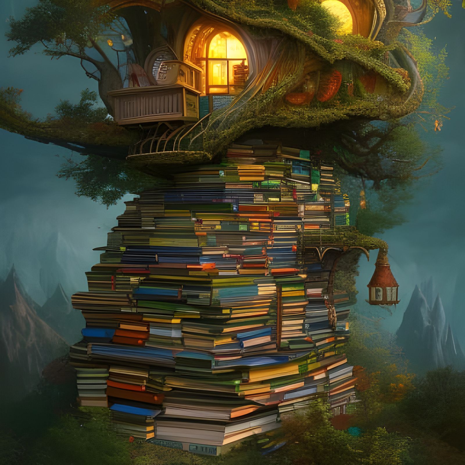 beautiful ornate treehouse full of stacked books, gnome house, pages, chaotic, beautiful, hyperdetailed, intricate, 8k r...