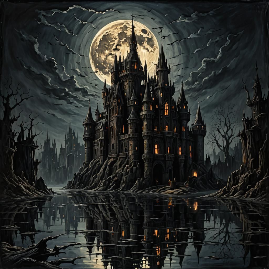 Gothic Castle Carving Under a Burnt Moon