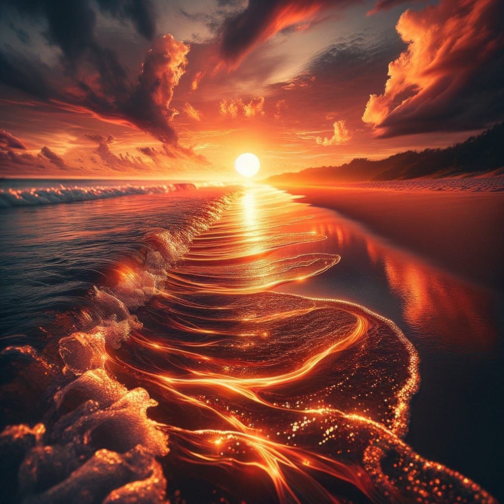 Fiery Sunset Over a Hyperrealistic Beach