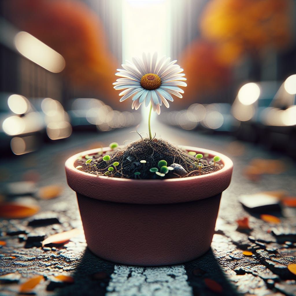Daisy in Abandoned City: Hyperrealistic Macro Photograph