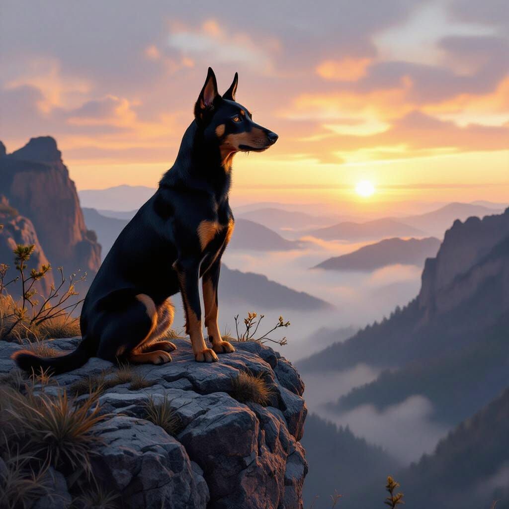 German Pinscher on Windswept Cliff in Hyperrealistic Style