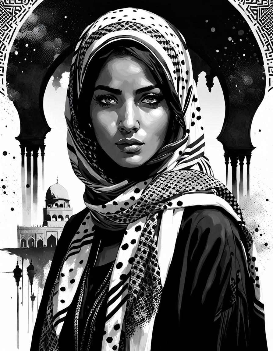Palestinian Woman Portrait in Black and White Ink