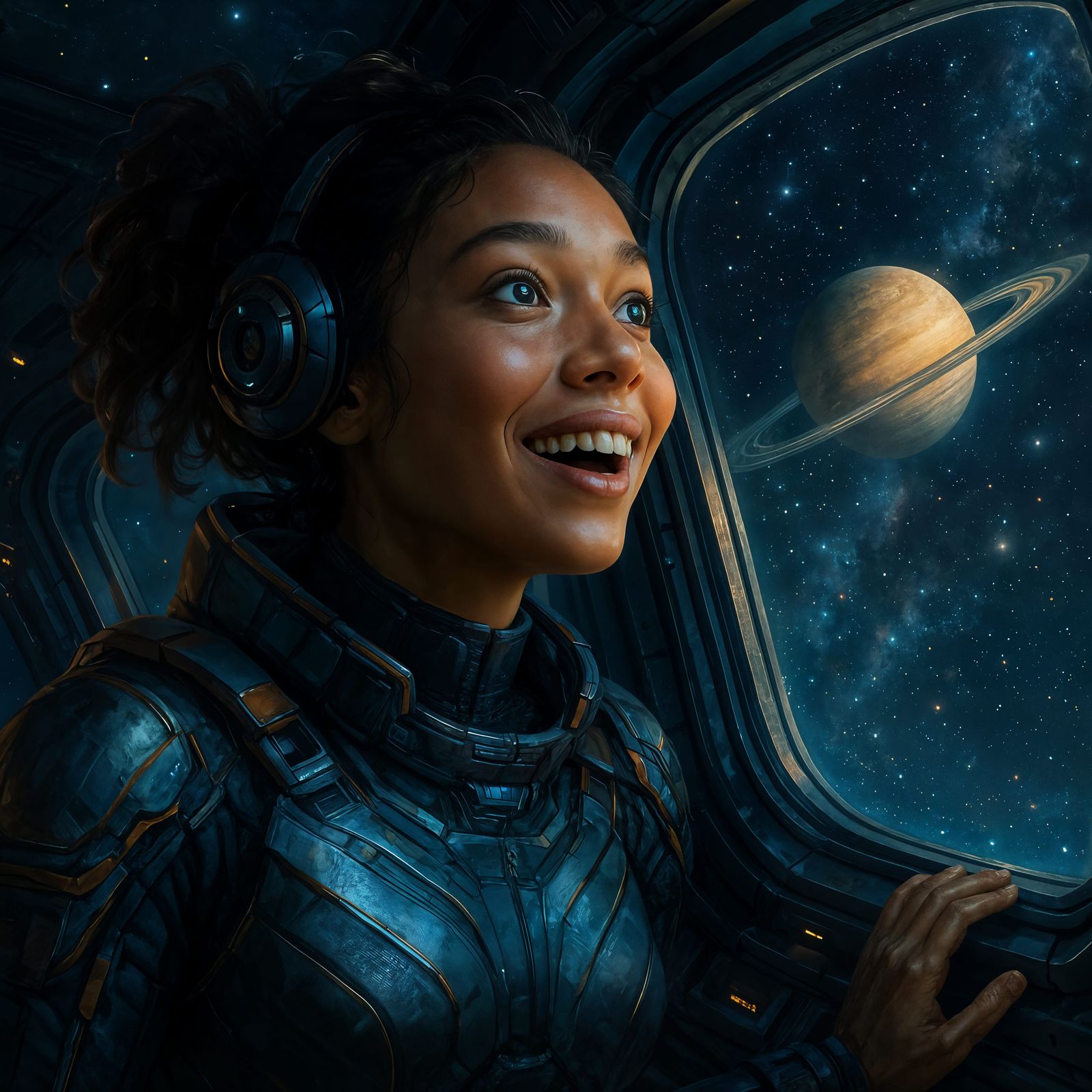 Futuristic Woman Gazing from Spaceship Window